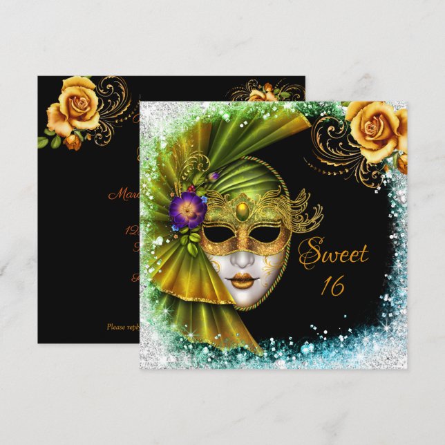 Sweet Sixteen Masquerade Mardi Gras Gold Green Invitation (Front/Back)