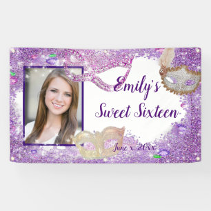 Sweet Sixteen Masquerade Purple Glitter Banner