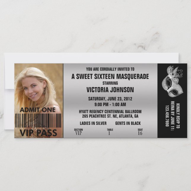 Sweet Sixteen Masquerade VIP Admission Ticket Invitation (Front)
