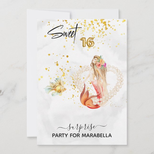 *~* SWEET SIXTEEN Mermaid Pearl Heart 16 Birthday Invitation (Front)