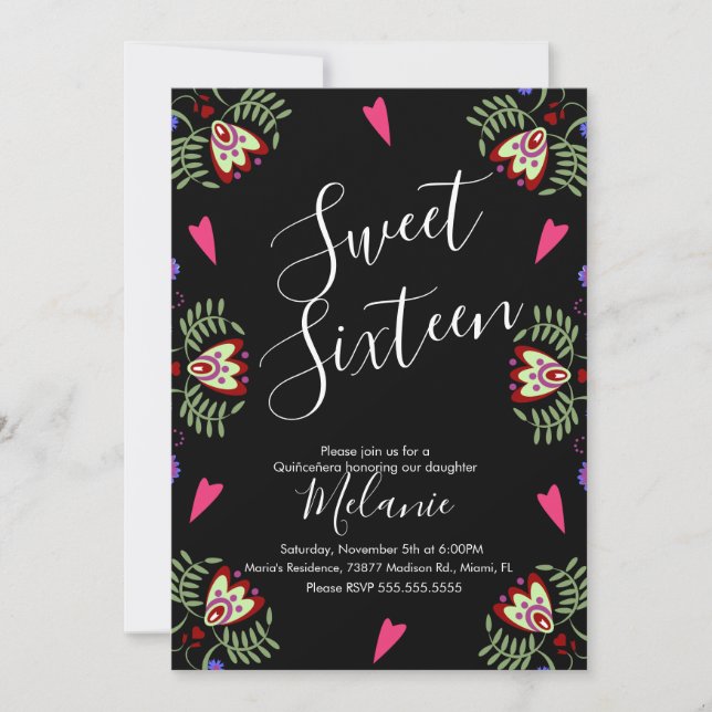 Sweet Sixteen Mexican Fiesta Floral Heart Black Invitation (Front)