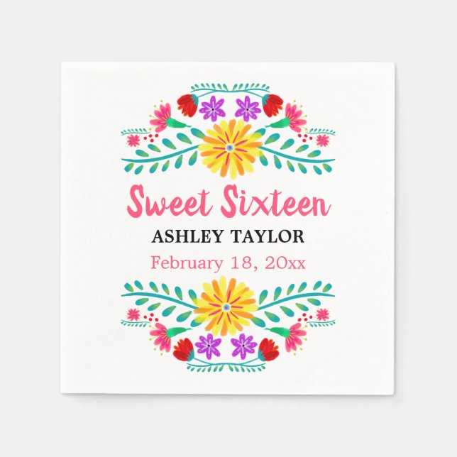 Sweet Sixteen Mexican Fiesta White and Pink Floral Napkin (Front)