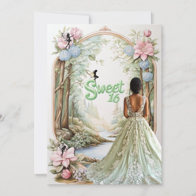 Sweet Sixteen Mint Green Dress Forest Fairies Invitation (Front)
