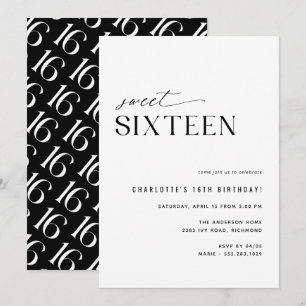 Sweet Sixteen Modern Black and White 16th Birthday Invitation