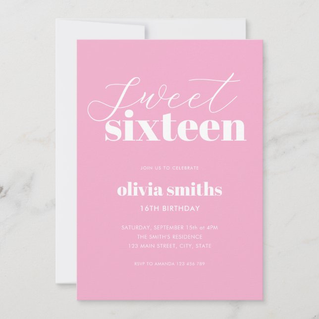 Sweet Sixteen Modern Pink 16th Birthday Invitation (Front)