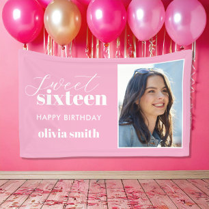 Sweet Sixteen Modern Pink 16th Birthday Photo Banner