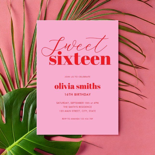 Sweet Sixteen Modern Pink Red 16th Birthday Invitation (Creator Uploaded)