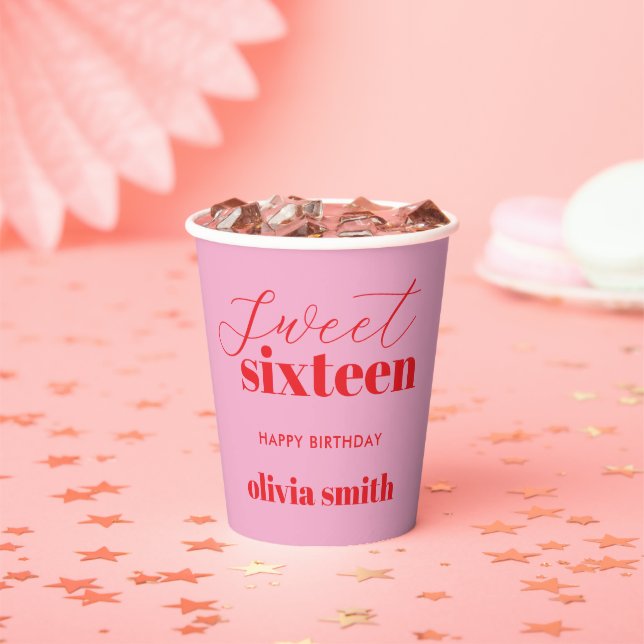 Sweet Sixteen Modern Pink Red 16th Birthday Paper Cups (Insitu)