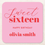 Sweet Sixteen Modern Pink Red 16th Birthday Square Paper Coaster<br><div class="desc">Minimalist sweet sixteen 16th birthday coaster featuring simple modern typography in pink and red colour.</div>
