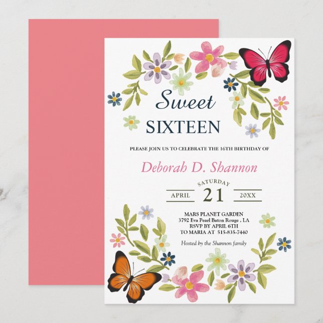 Sweet Sixteen Nature Flowers and Butterflies Invitation (Front/Back)