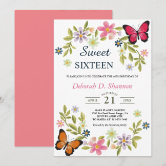 Sweet Sixteen Nature Flowers and Butterflies Invitation