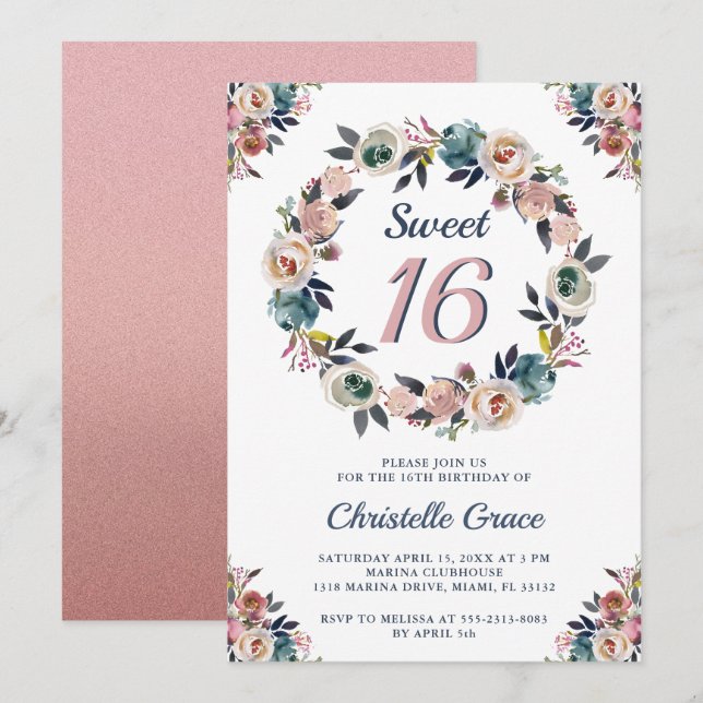 Sweet Sixteen Navy Pink Girl 16th Birthday Party Invitation (Front/Back)