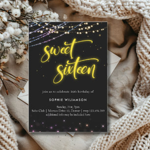 Sweet sixteen neon lights birthday invitation