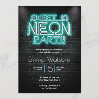 Sweet sixteen Neon Party Blue Invitation
