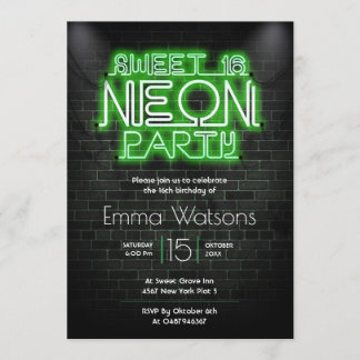 Sweet sixteen Neon Party Invitation