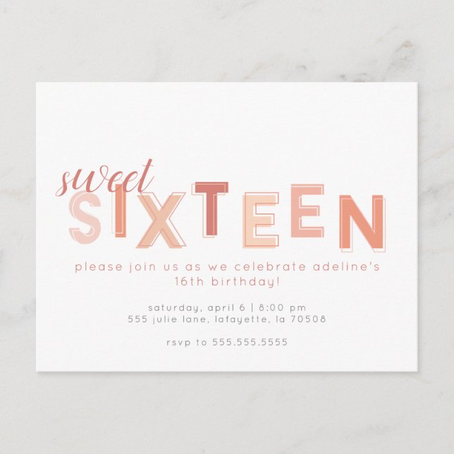 Sweet Sixteen Neutral Birthday Party Invitations (Front)