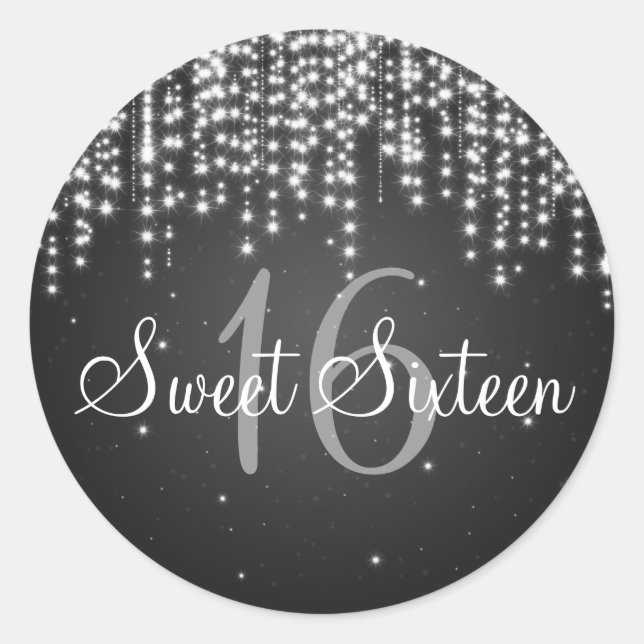 Sweet Sixteen Night Dazzle Black Classic Round Sticker (Front)