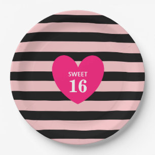 Sweet Sixteen on Black & Pink Striped Birthday Paper Plate