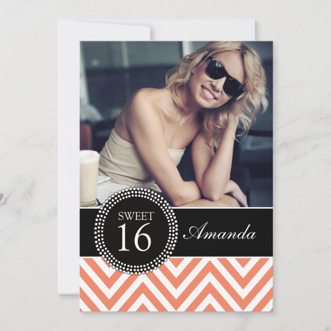 SWEET SIXTEEN ORANGE ZIG ZAG CHEVRON PATTERN INVITATION (Front)