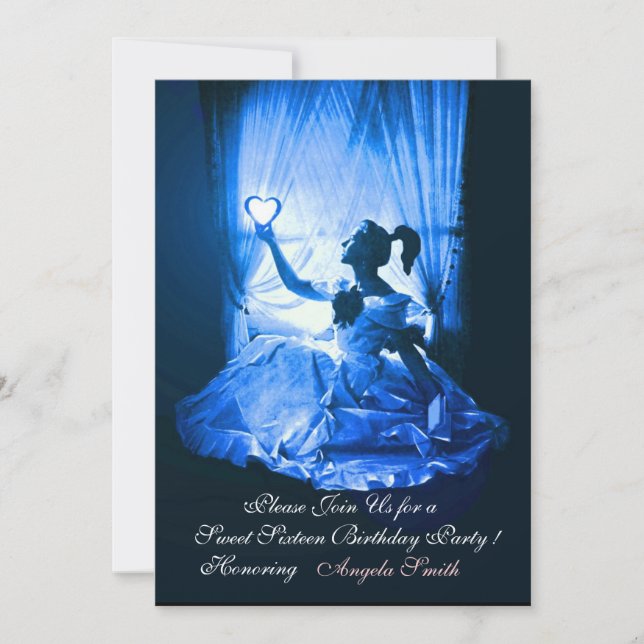 SWEET SIXTEEN PARTY,BLUE BLACK DAMASK Champagne Invitation (Front)