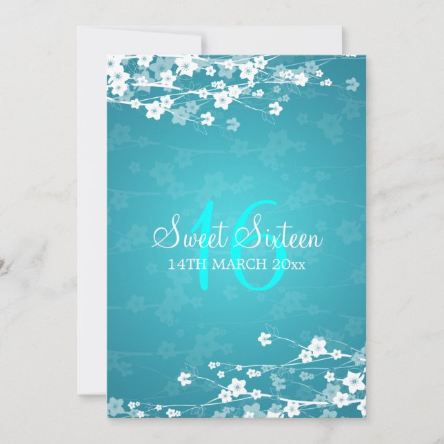 Sweet Sixteen Party Cherry Blossom Blue Invitation (Front)