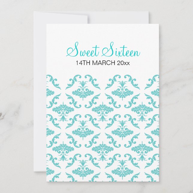 Sweet Sixteen Party Elegant Damask Blue Invitation (Front)