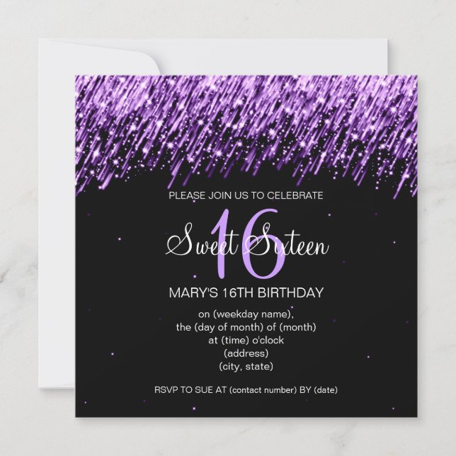 Sweet Sixteen Party Falling Stars Purple Invitation (Front)