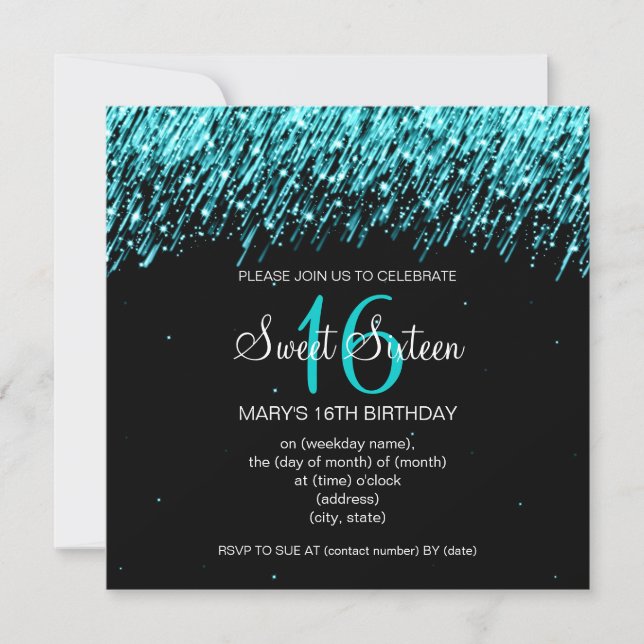 Sweet Sixteen Party Falling Stars Turquoise Invitation (Front)