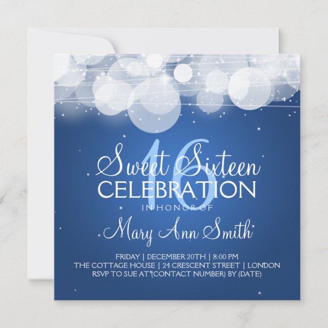 Sweet Sixteen Party Glow & Sparkle Blue Invitation (Front)