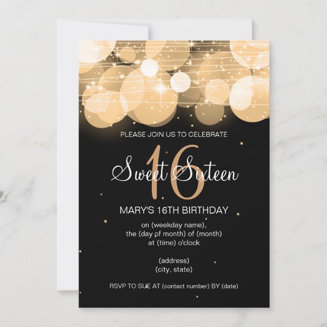Sweet Sixteen Party Glow & Sparkle Gold Invitation (Front)