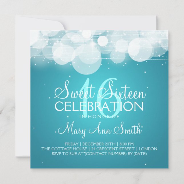 Sweet Sixteen Party Glow & Sparkle Turquoise Invitation (Front)