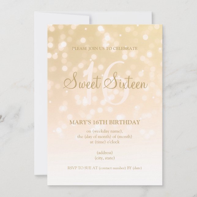 Sweet Sixteen Party Gold Bokeh Invitation (Front)