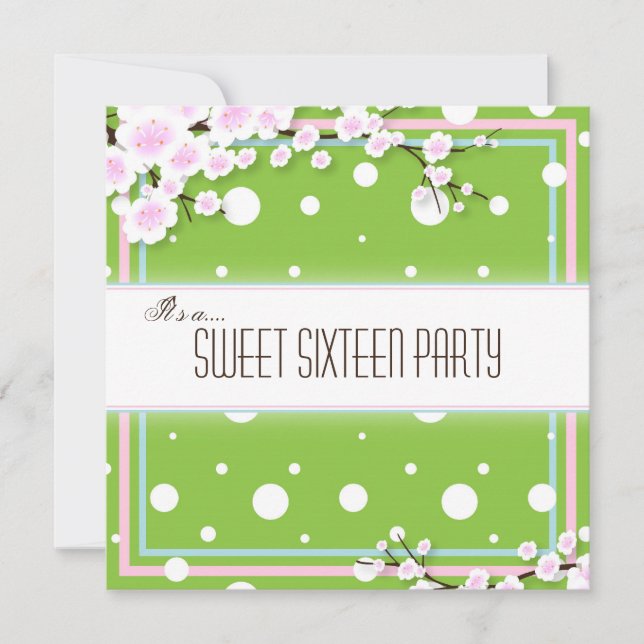 Sweet Sixteen Party Invitation - Green Pink - Dots (Front)