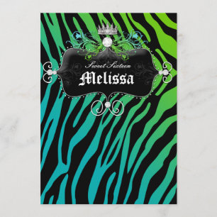 Sweet Sixteen Party Invite Zebra Blue Green Jewel