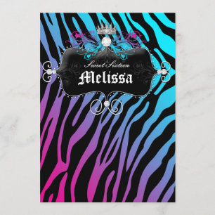 Sweet Sixteen Party Invite Zebra Blue Pink Jewel