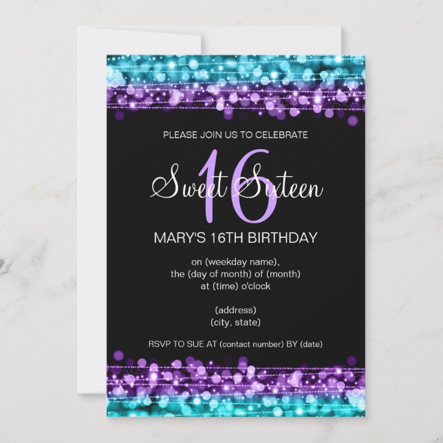 Sweet Sixteen Party Lights Turquoise & Purple Invitation (Front)