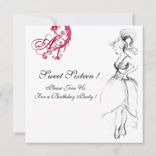 SWEET SIXTEEN PARTY MONOGRAM, red black and white Invitation