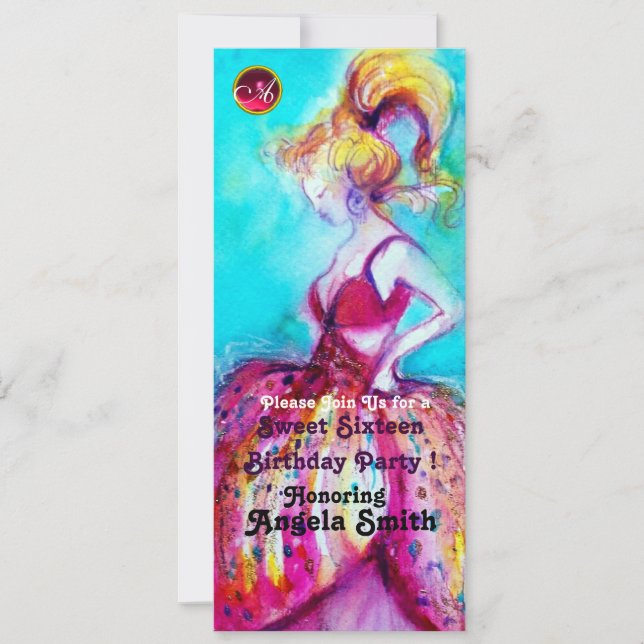 SWEET SIXTEEN PARTY MONOGRAM red ruby blue black Invitation (Front)