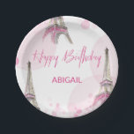 Sweet Sixteen Party Paris Eiffel Tower Pink Paper Plate<br><div class="desc">Happy Birthday plates for your pink or Paris themed birthday party. "Happy Birthday" and the birthday girls name take centre stage, framed with a pattern of watercolor illustrations of the Paris Eiffel Tower and pink bokeh. An elegant and fresh design in pink and white. Please browse our collection for matching...</div>