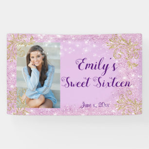 Sweet Sixteen Party, Pink Glitter, Custom Banner