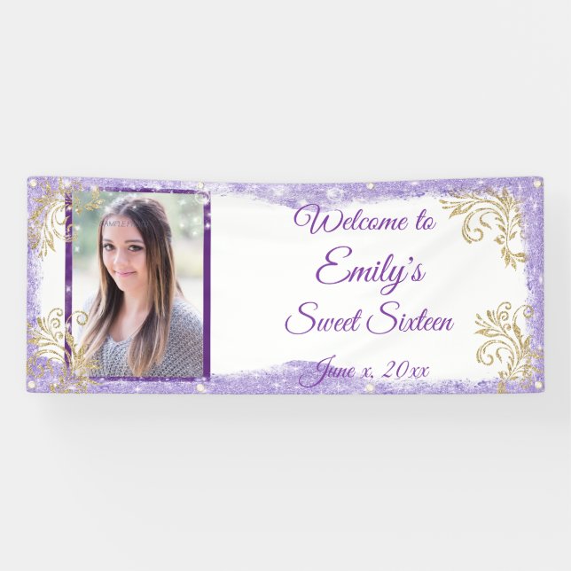 Sweet Sixteen Party, Purple Glitter, Custom Banner (Horizontal)