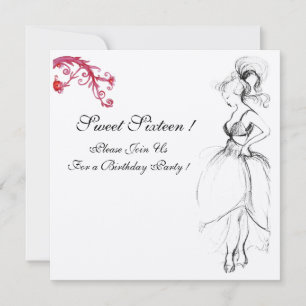 SWEET SIXTEEN PARTY, red black and white champagne Invitation