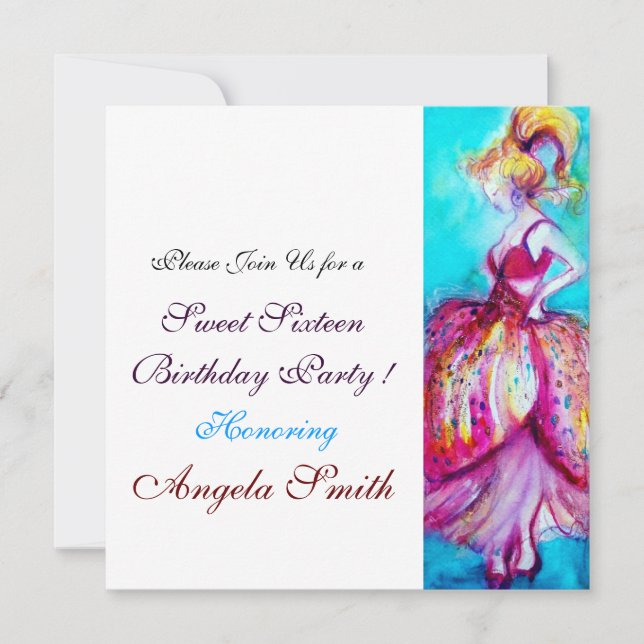 SWEET SIXTEEN PARTY red pink blue turquase white Invitation (Front)