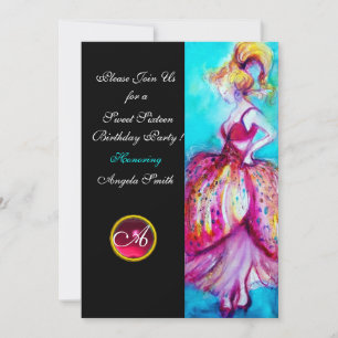 SWEET SIXTEEN PARTY,Red Pink Ruby Monogram Black Invitation