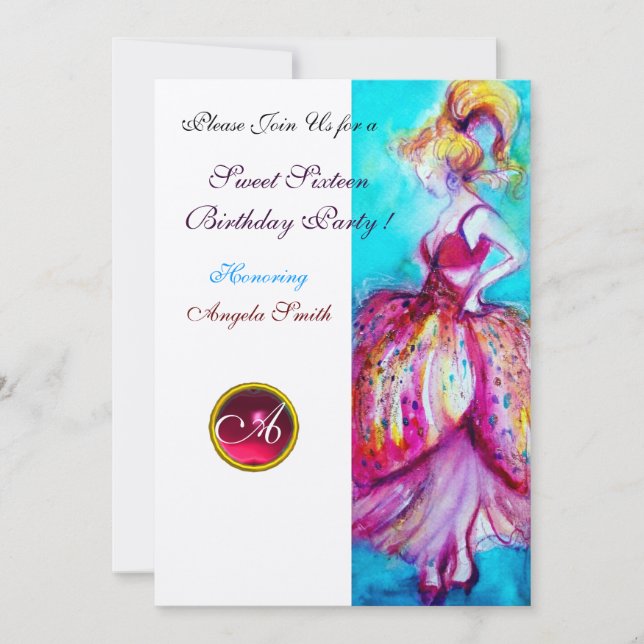 SWEET SIXTEEN PARTY,Red Pink Ruby Monogram gold Invitation (Front)