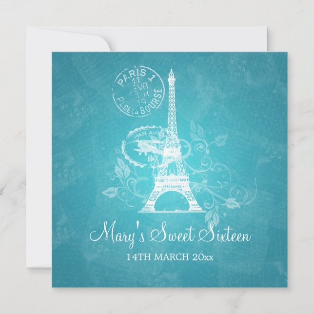 Sweet Sixteen Party Romantic Paris Blue Invitation (Front)