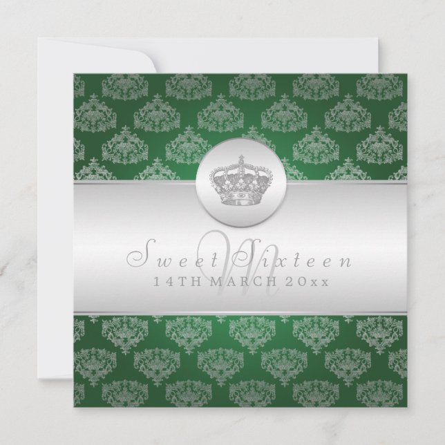 Sweet Sixteen Party Royal Crown 2 Green Invitation (Front)