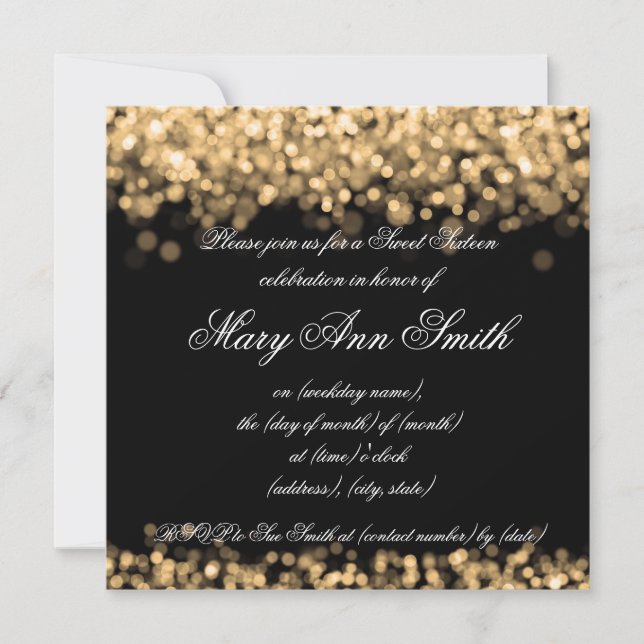 Sweet Sixteen Party Shimmering Gold Lights Invitation (Front)