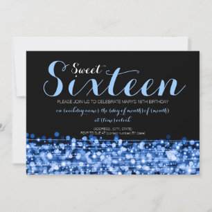 Sweet Sixteen Party Sparkles & Lights Blue Invitation