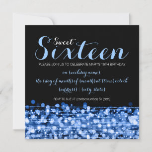 Sweet Sixteen Party Sparkles & Lights Blue Invitation